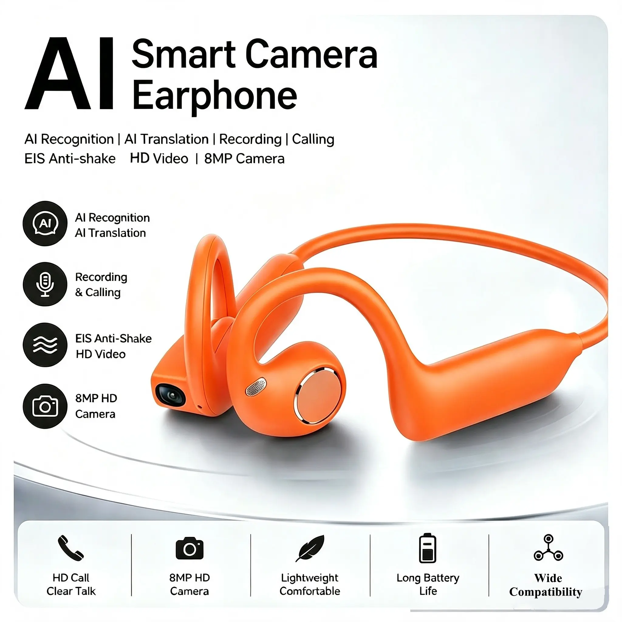 8MP HD AI Headphones Camera Recording Smart AI Translation Ear Hanging Air Conduction Earphones Bluetooth Outdoor Cycling Record Wearable