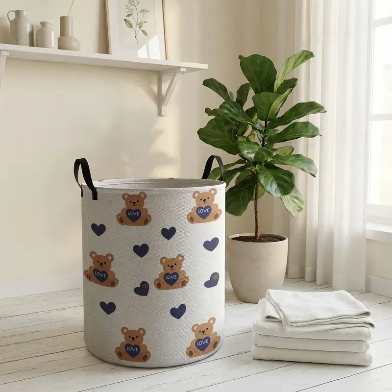 Valentine's Day Toy Bear Print with Handle, Durable Halloween Foldable Dirty Clothes Storage Bin, Large Capacity, Collapsible Laundry Hamper