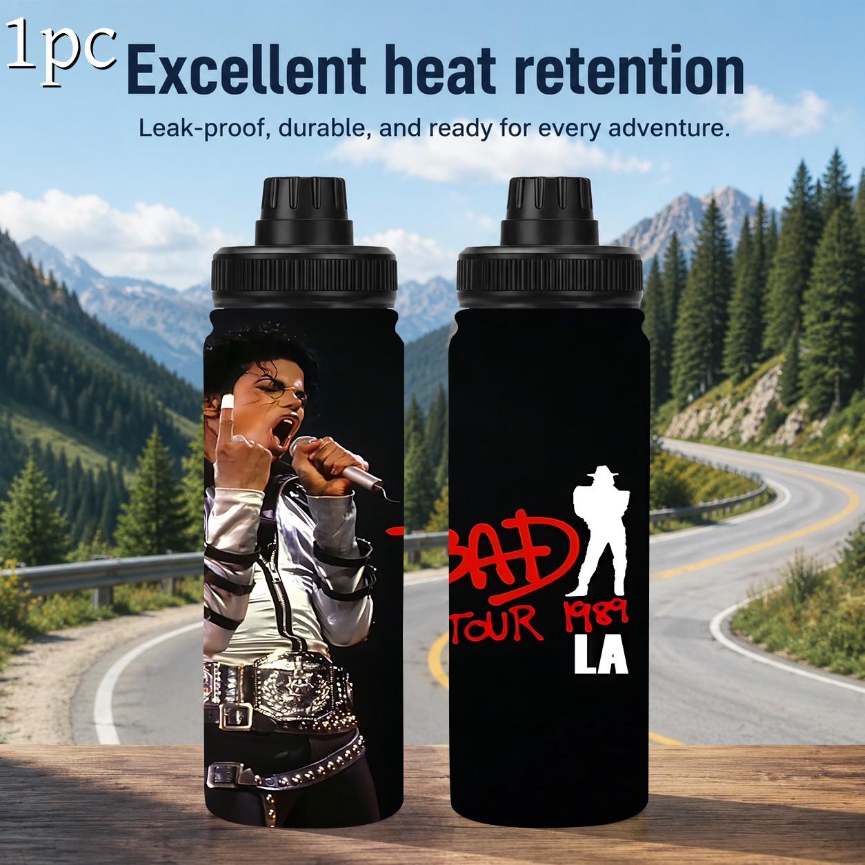1pc 20oz Michael Jackson BAD Tour 1989 Graphic Water Bottle, Stainless Steel Insulated cup, Stylish Tumbler, Large-capacity outdoor camping travel cup, For Concert Fans Holiday Present