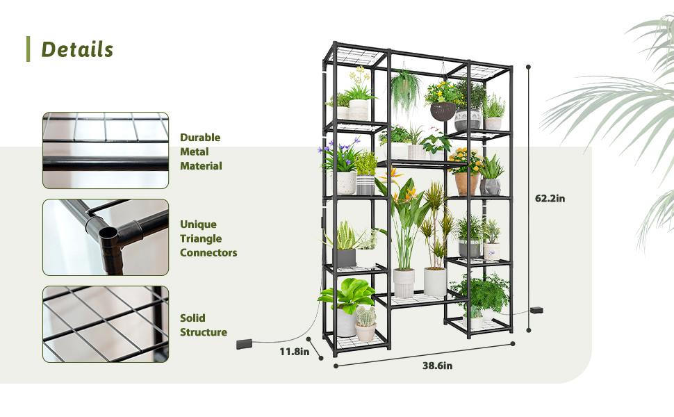 Plant Stand With Grow Lights Plant Stand Indoor Plant Shelf Metal Plant Rack Plant Holder Flower Pot Stand for Multiple Plants for Living Room Patio Balcony Garden Porch Black