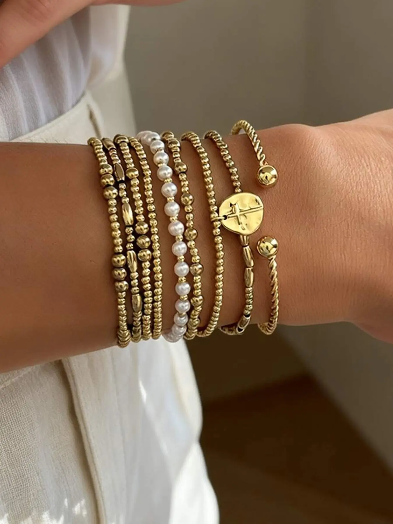 9-Piece Ccb Imitation Pearl Bracelet Set, Cross Layered, Stacked Bracelets, Women's Daily, Vacation, Party Accessories