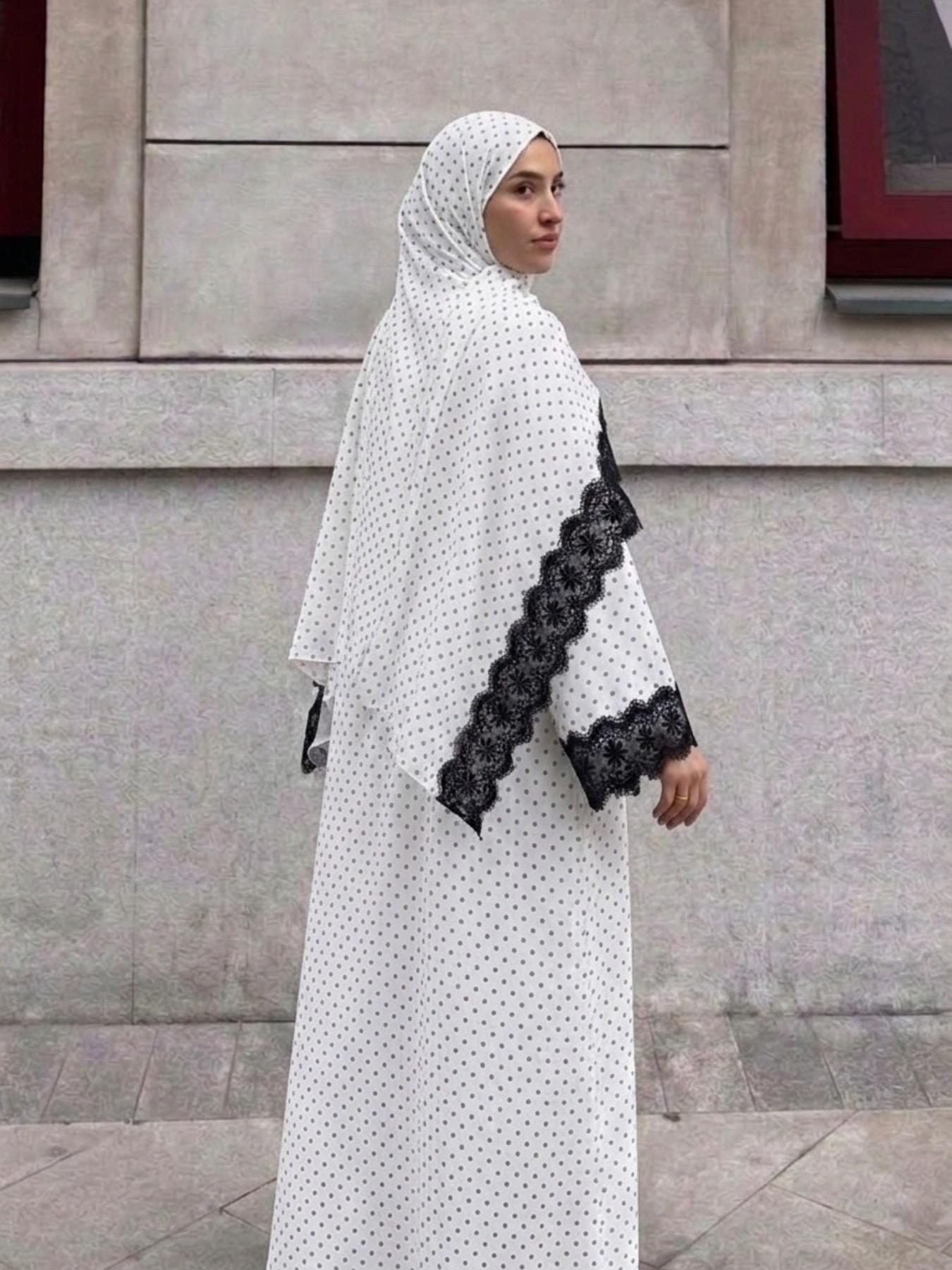 Elegant Two-Piece Lace Trim Polka Dot Open Front Modest Islamic Abaya Robe, Perfect for Parties, Vacations, Casual Wear, Ramadan