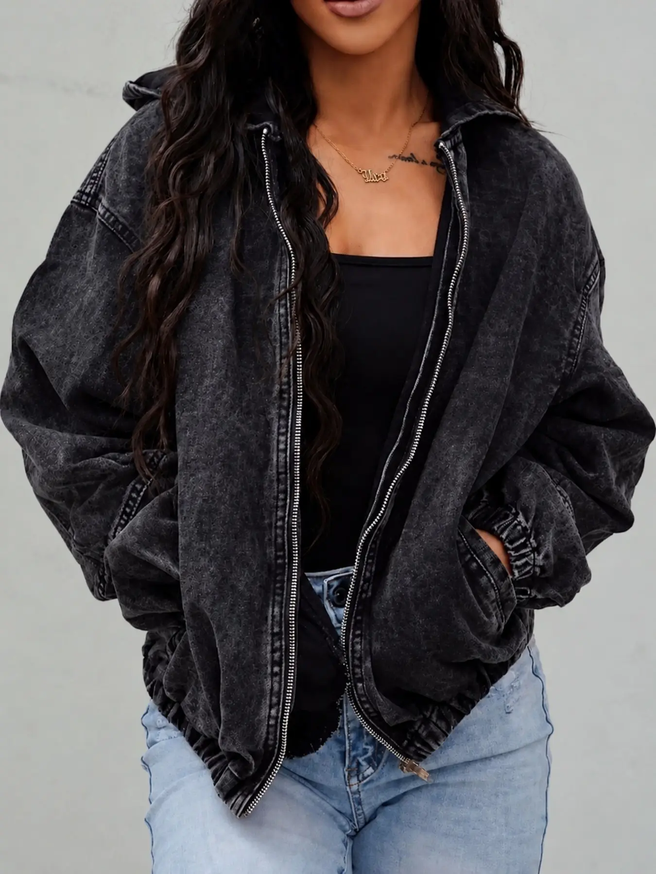 Plus Size Women's Hooded Denim Jacket, Zipper Open Front, Loose Fit, Fall & Winter Fashion, Casual Style, Long Sleeve, Plain Design, Coats