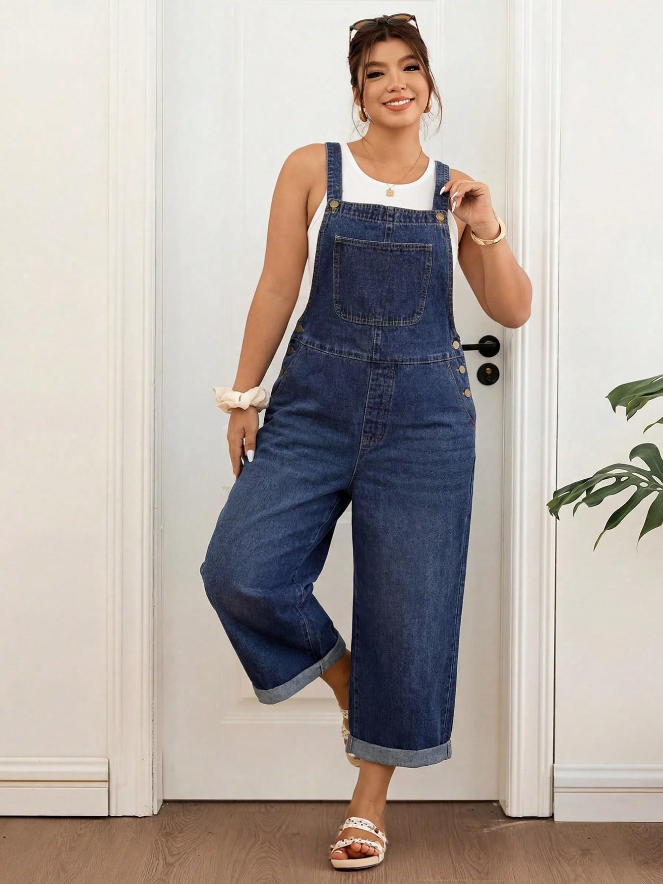 Plus Size Dark Wash Denim Capri Overalls, Side Button Detail Cuffed Raw Hem Loose Wide Leg Cropped Jumpsuit,Summer,Fall,Halloween,Back To School,Beach,Casual