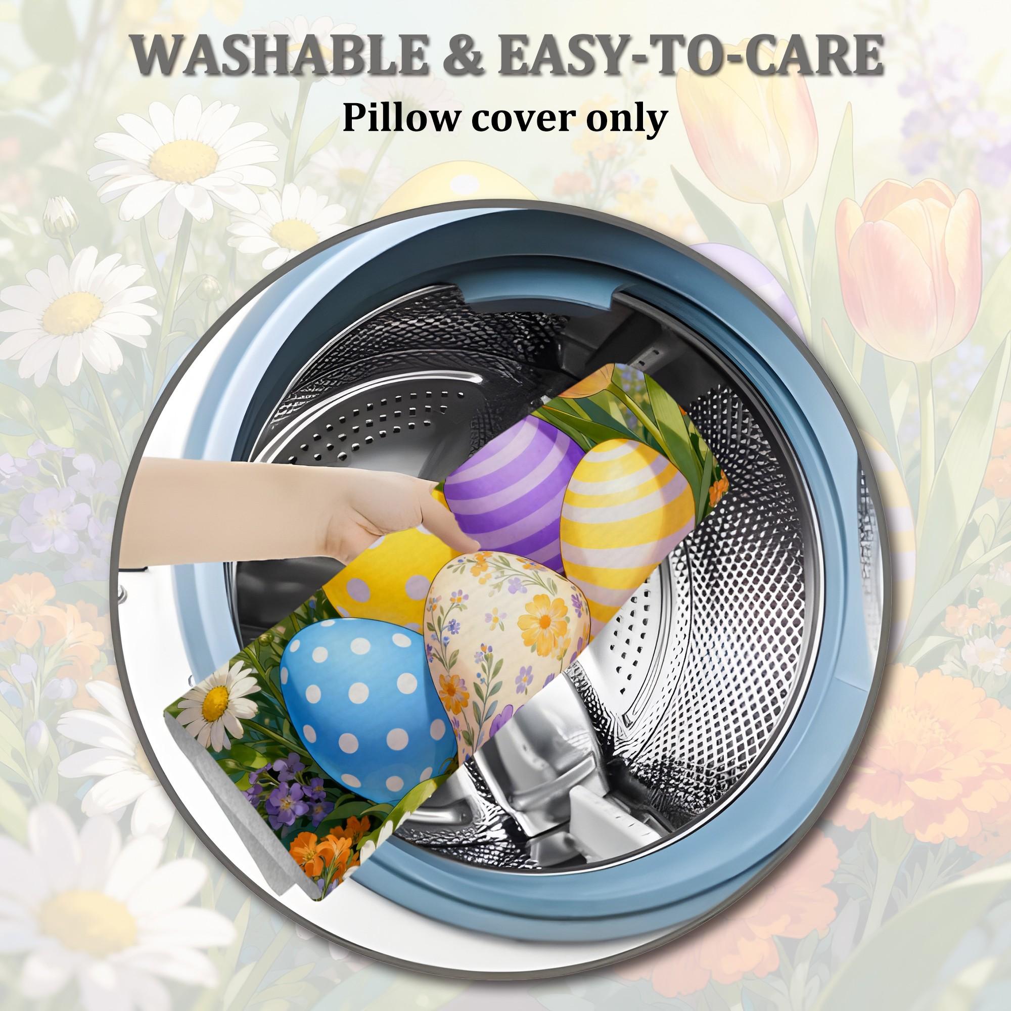 Jit 2pcs 2D Flat Easter Eggs Throw Pillow Covers, Spring Festive Daisies Tulips Design, Soft Velvet Material, Washable Cushion Cover