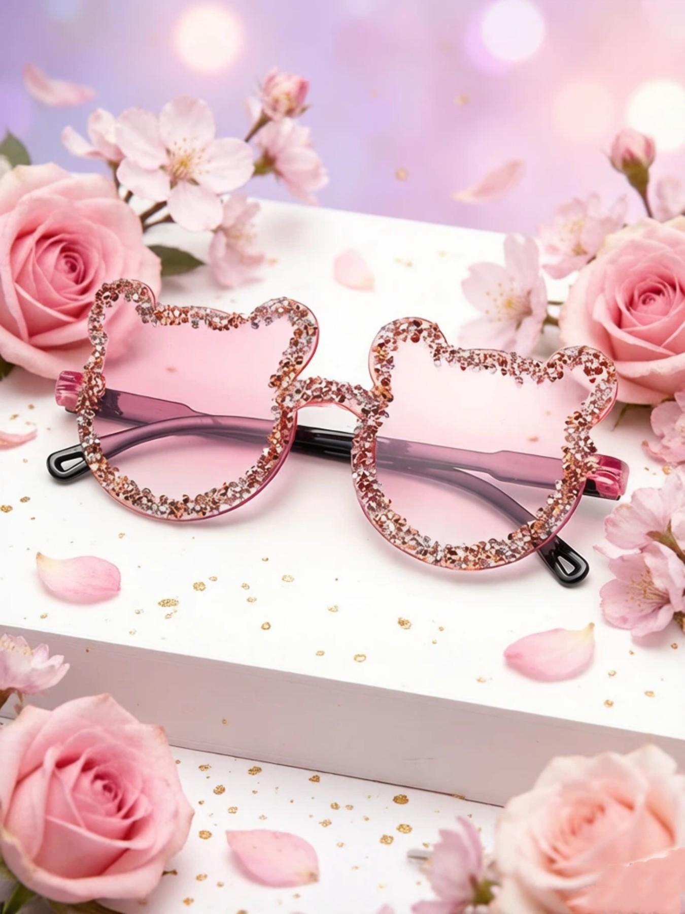 1pc Frameless Handmade Rhinestone Bear Party Sunglasses, Candy Color Women's Funny Party Glasses, College Outing Vacation