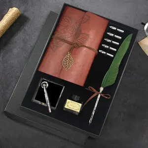 Antique Feather Dip Calligraphy Quill Pen and Ink Set, includes Feather Pen, 5 Replacement Nibs, Pen Nib Base, Notebook, Ink, Gift Box, Best Gifts for Men Dad (Green)