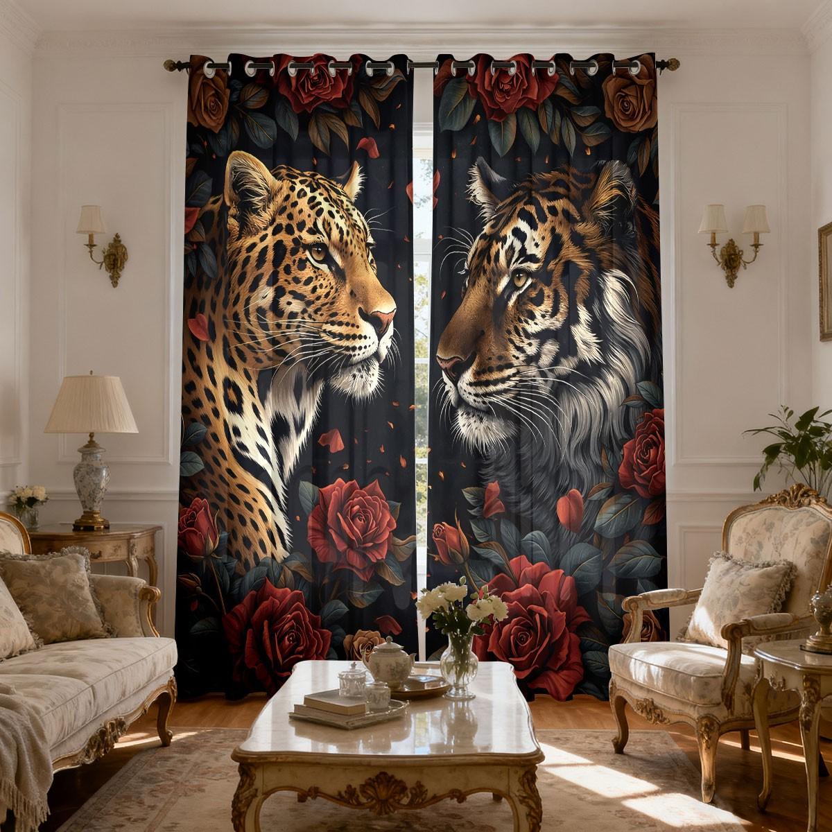 2-piece pack of wild retro style red rose golden leopard tiger print filter translucent curtains suitable for machine washable decorative curtains in living room, bedroom, kitchen, etc.