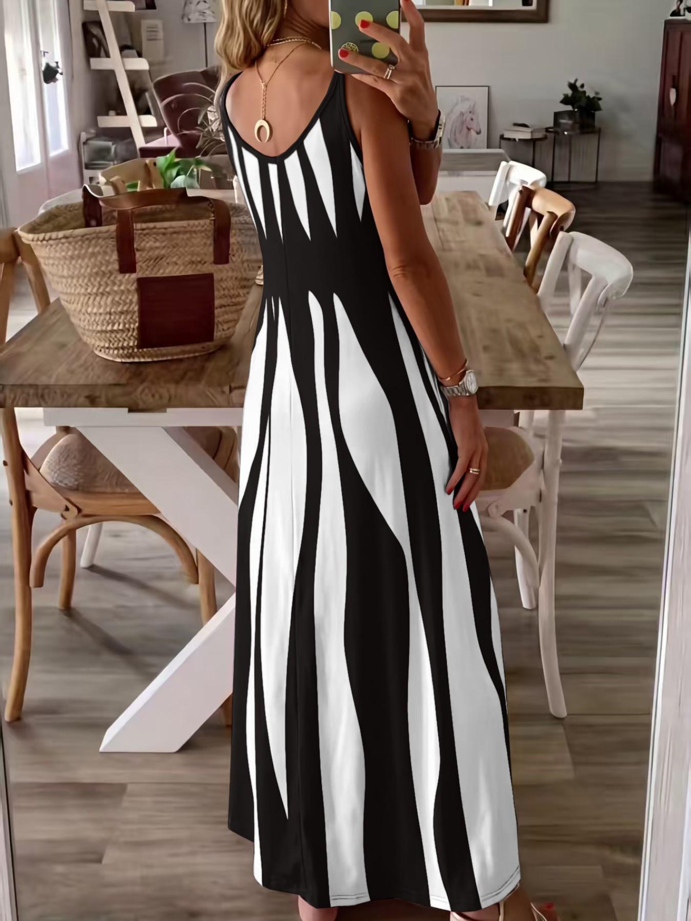 Summer New Arrival Women's Casual Sleeveless Striped V-Neck Long Dress, Casual Dresses, Casual Chic Dress, Sweet Style Elegance Loose-Fitting Daily Wear, Perfect for Outdoor Activities