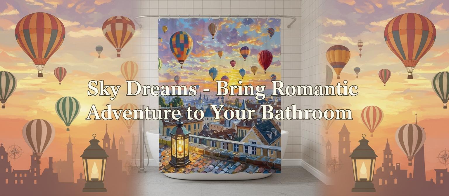 Vintage Hot Air Balloon Bath Curtain, Dreamy European Town Design, Soft Polyester, High-Definition Print, Romantic Bathroom Decor