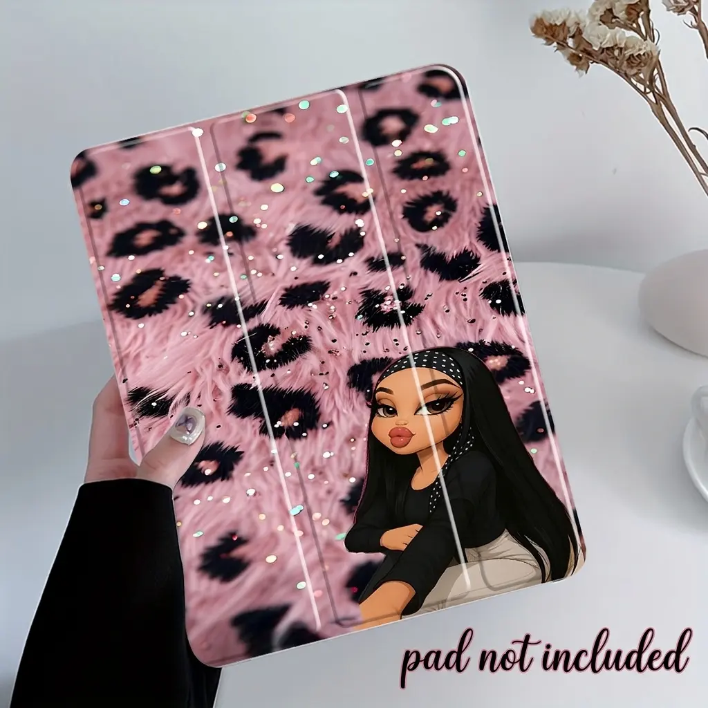 Pink Leopard Fur iPad Case,Bratz Style Girl Print Protective Cover, Tablet Cover with Trifold Stand & Auto Wake/Sleep,Transparent Acrylic Hard Back,iPad Accessories,suitable for all iPad models including 7.9/10.2/10.9 inch,gift (Case Only)