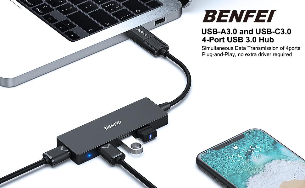 BENFEI USB 3.0 Hub, 4 Ports USB Splitter Ultra-Slim for Mouse, Keyboard, Flash Drive, U Disk, Printer for Laptop, PC, Xbox, PS5, and More