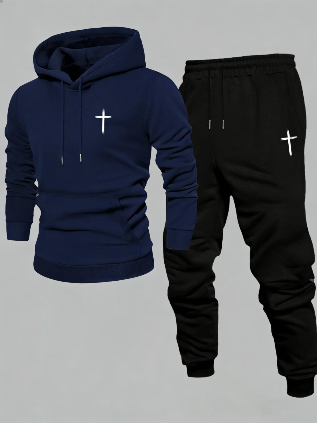 TikTok Trending Christian Streetwear Set, Black Long Fitted Hoodie & Pants with Cross Graphic Print, Perfect for Black Friday & Cyber Monday Deals, Ideal for Faith - Based Outfits During TikTok Shop Black Friday Sales and Christmas Gift Ideas