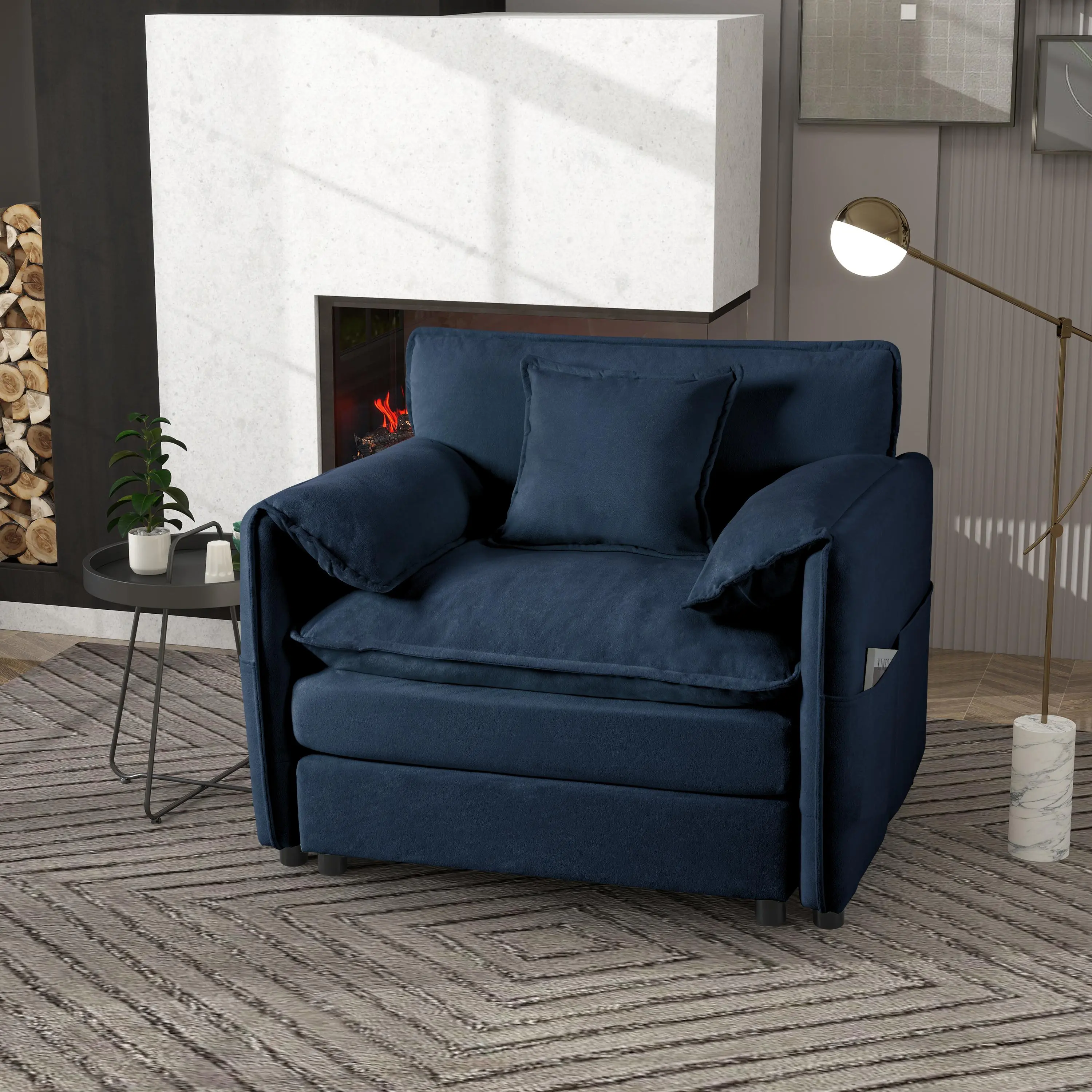 Blue Chenille Sofa Chair with Toss Pillow, Modern Upholstered Armchair, Deep Seat Modular Sectional for Living Room, 1 Seat