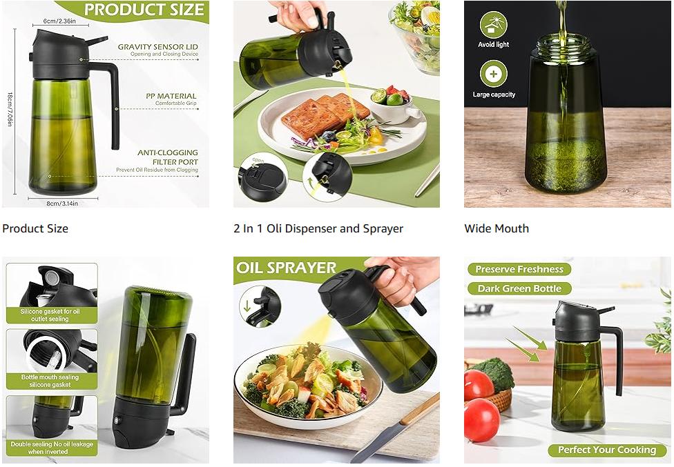 2 Count 2 in 1  Oil Sprayer for Cooking 16oz/470ml Light-Blocking Dark , Olive Oil Dispenser Bottle for Kitchen, Premium Dark Green Glass Oil Bottle, Food-Grade Oil Mister for Air Fryer, BBQ