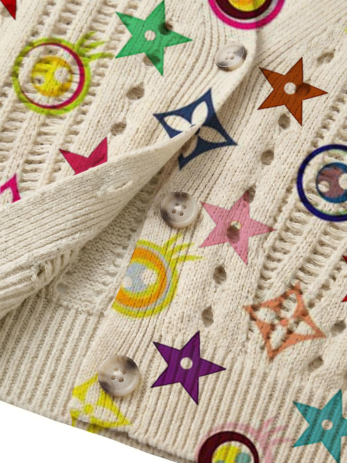 Elegant Women's Vibrant Colorblock Geometric Print Short Sleeve Knit Cardigan Button, Casual Breathable Top, Hollow Out Design, Beach Vacation Wear