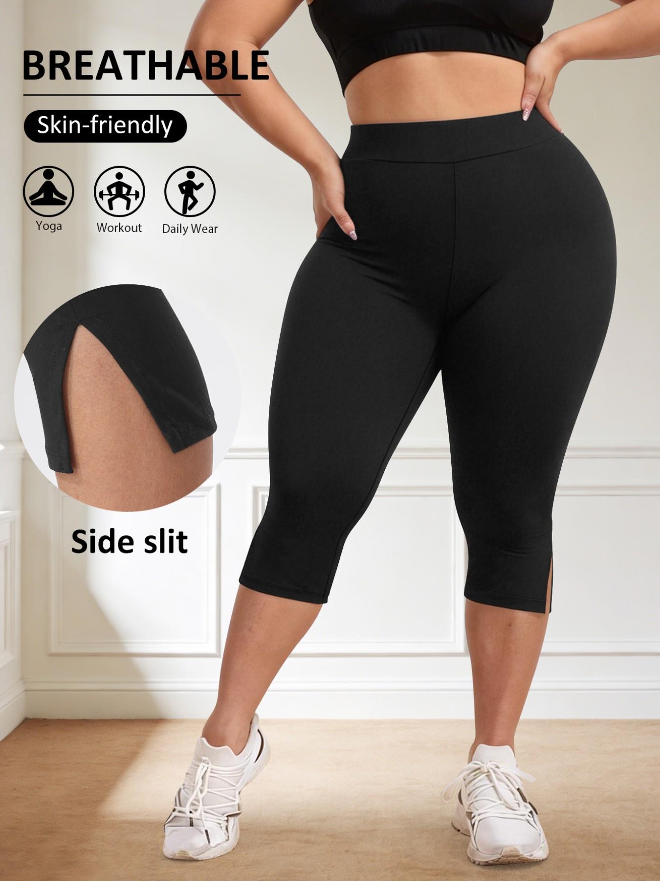 Women's Plus Size High Waist Seven-Quarter Pants, Split Thigh Design, High Elasticity Abdominal Control Tight Fit, Soft Comfortable Fabric, Gym Workout Leggings
