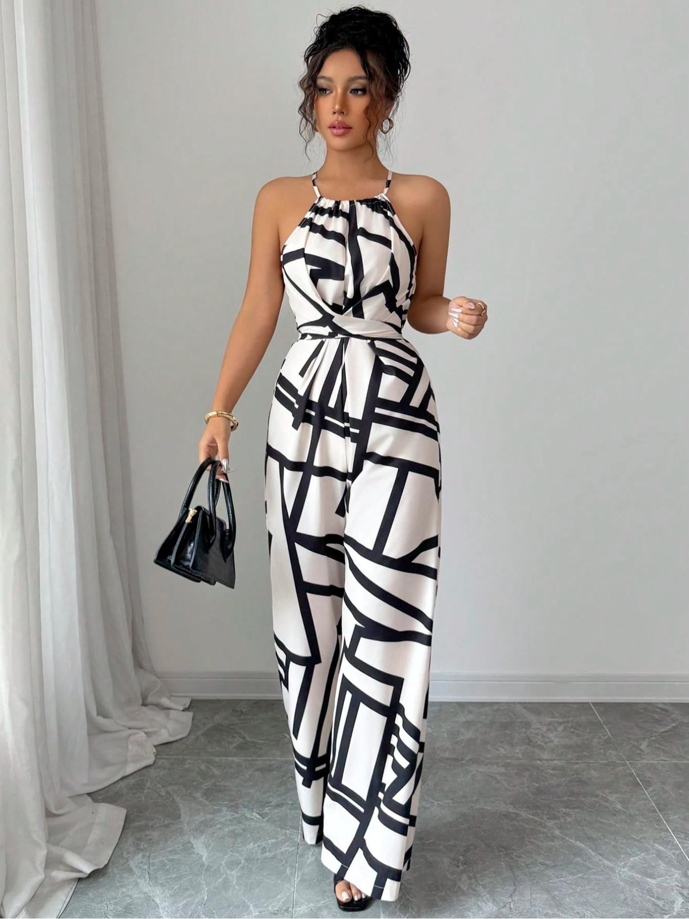 Women's Floral Print Woven Elegant Waist Cinched Casual Jumpsuit, All-Season Daily Wear, Sleeveless Strap Design with Outerwear Option