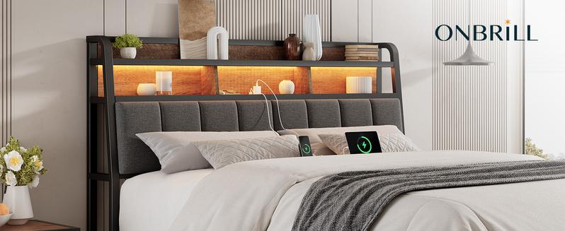 【Valentine's Day Gift】ONBRILL Ergonomic Headboard for Queen Size Bed with 2-Tier Storage, Upholstered Headboards with Outlets, USB Ports, LED Light, Queen Head Board Only, Height Adjustable, Sturdy and Stable