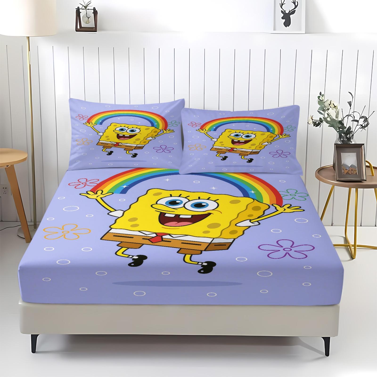 3 Piece Spongebob Pattern Fitted Sheet Set, Soft And Durable Bedding Set Includes 1 Piece Flat Sheet And 2 Pieces Pillowcases, Daily Holiday Birthday Gift Bedroom Decorations For Kids And Adults