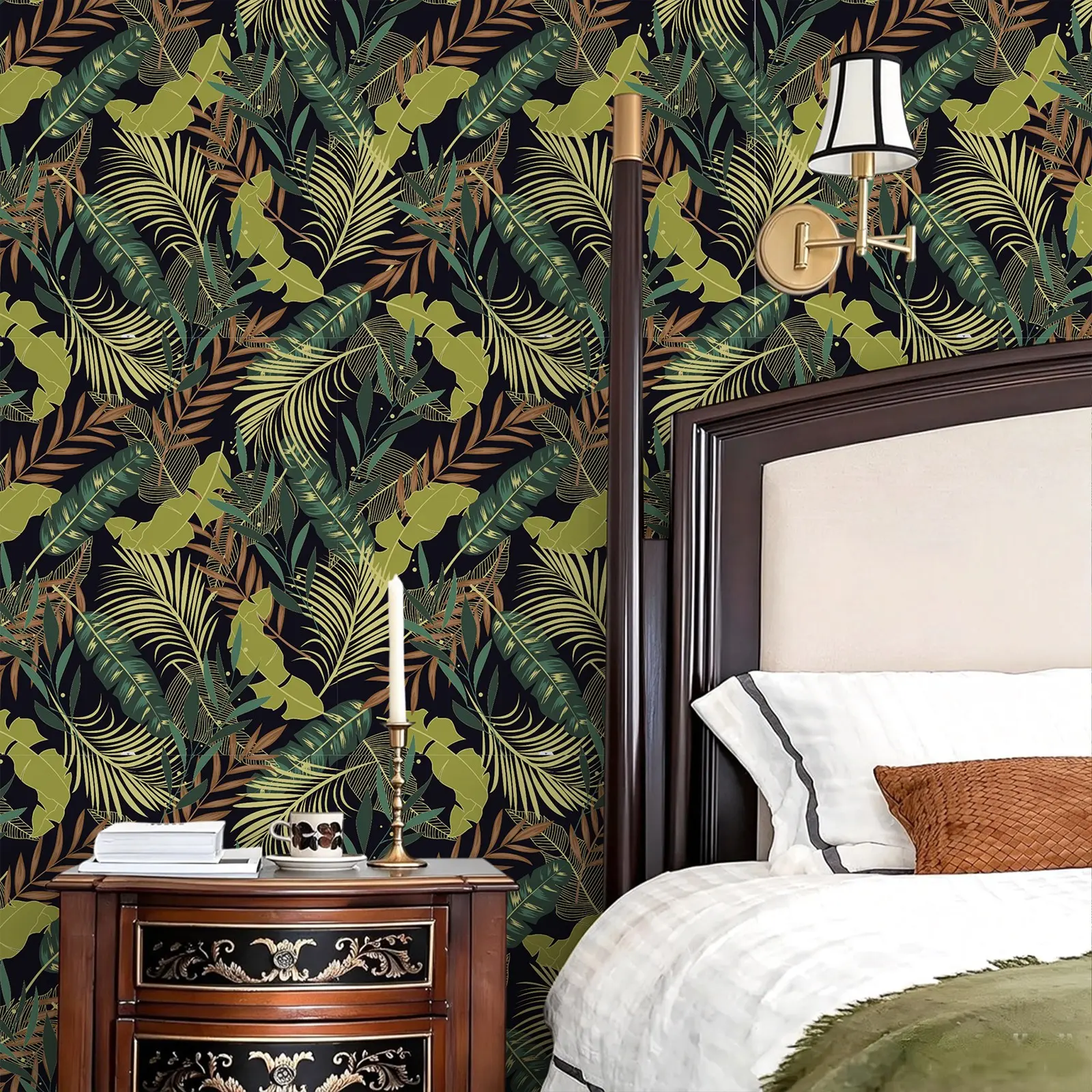 Tropical Rainforest Self-Adhesive Wallpaper, Vintage Background Leaves, PVC Waterproof, 44x300/500/1000cm, Home Decor
