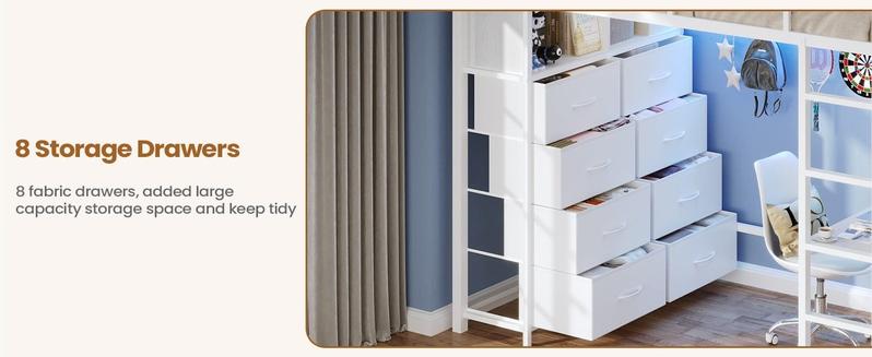 Sikaic Twin Size Loft Bed with Desk and 8 Storage Drawers Metal Loft Bed with LED Lights & Charging Sation, Storage Shelves, 13.1" H Safety Guard & Ladder Bedroom Bedframe Bedroom Furniture