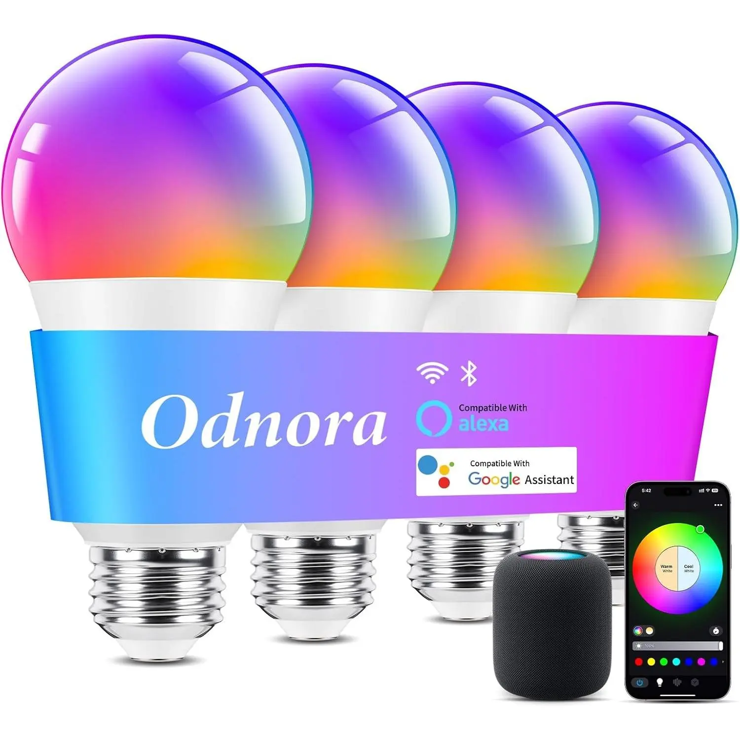 Smart Light Bulbs, Color Changing, Works with Alexa/Google, RGBWW A19 LED Dimmable, 2.4GHz WiFi Bluetooth, 60W Equivalent, Music Sync, 800LM, 4 Packs
