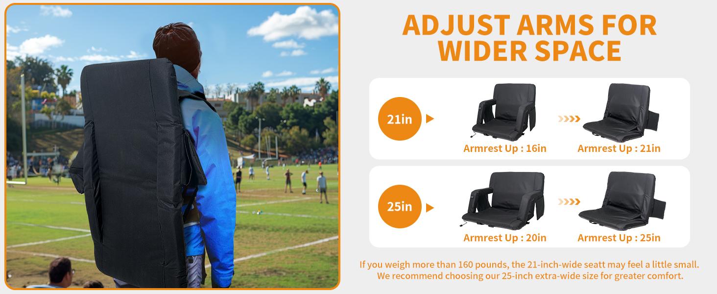 Lilypelle 2 Pcs Heated Massage Stadium Seats, Bleacher Seat with Back & Arm Support, 3 Levels of Heat&Massage, 6 Reclining Positions Stadium Seating Bleacher Seats for Sports Events, Outing, Hiking（Power Bank is Not Included)