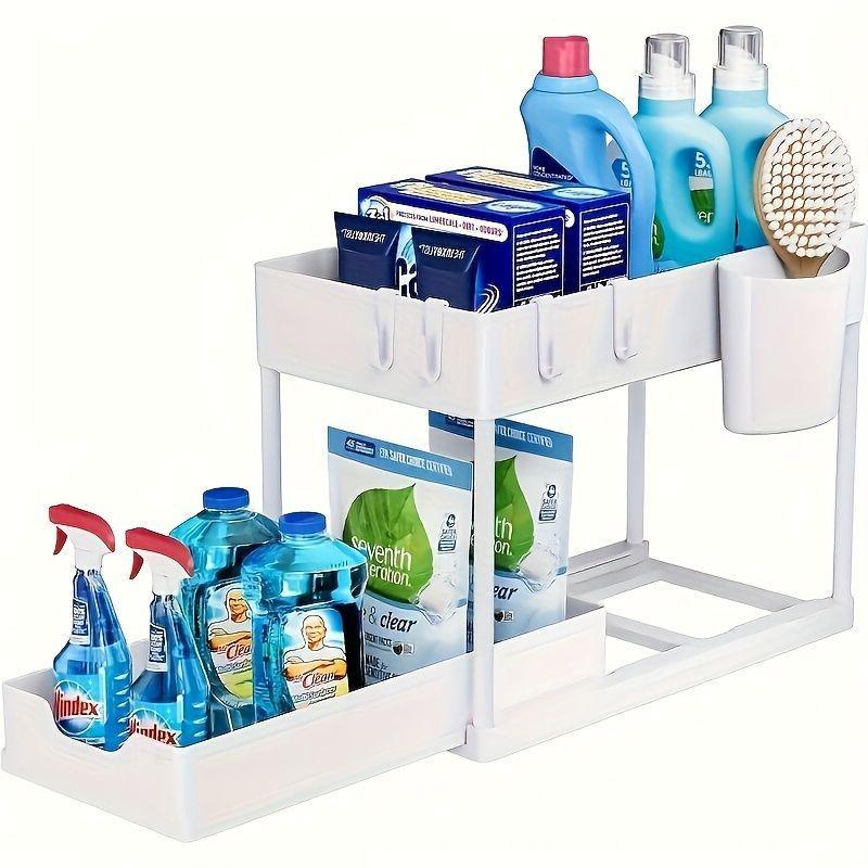 Double Layer Pull-Out Sink Shelf with Hooks, Kitchen Bathroom Storage Basket, Multi-Functional Organizer Rack, Space-Saving Design