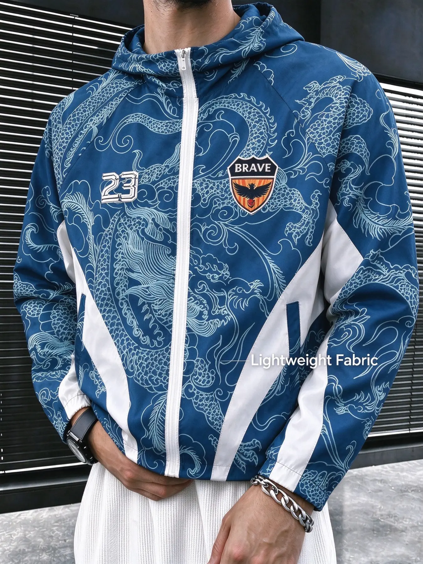Unisex Couple Hooded Jacket, Dragon Pattern Lightweight Outerwear, Colorblock Patchwork Design, Youth Fashion, Suitable for Casual Sports