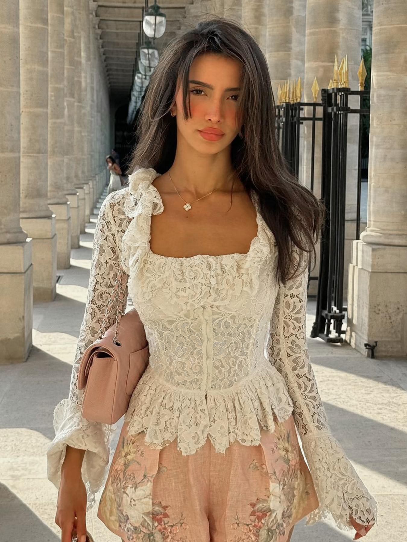 Women's Plain Lace Long Sleeve Top, Elegant Romantic Square Neck Top for Spring, Ladies Clothes for Daily Wear