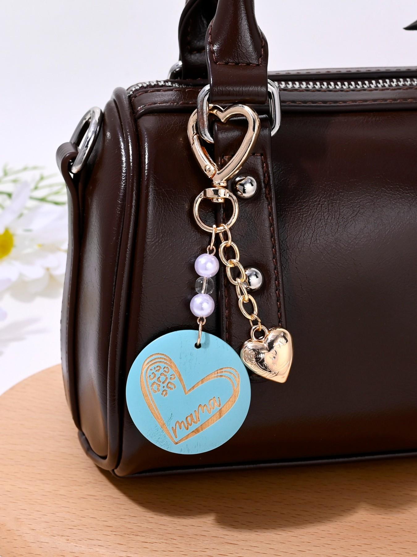 Creative Fashion Mama Wooden Sign Heart Artificial Pearl Keychain, Perfect Mother's Day Gift for Women, Bag Decoration