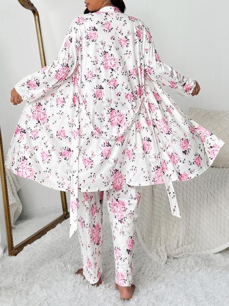 Plus Size Floral Print Robe Set for Women, Fashion Sleepwear, Elegant Comfortable Sleepwear, Sleeveless Top & Long Pants, Spring & Fall Home Wear