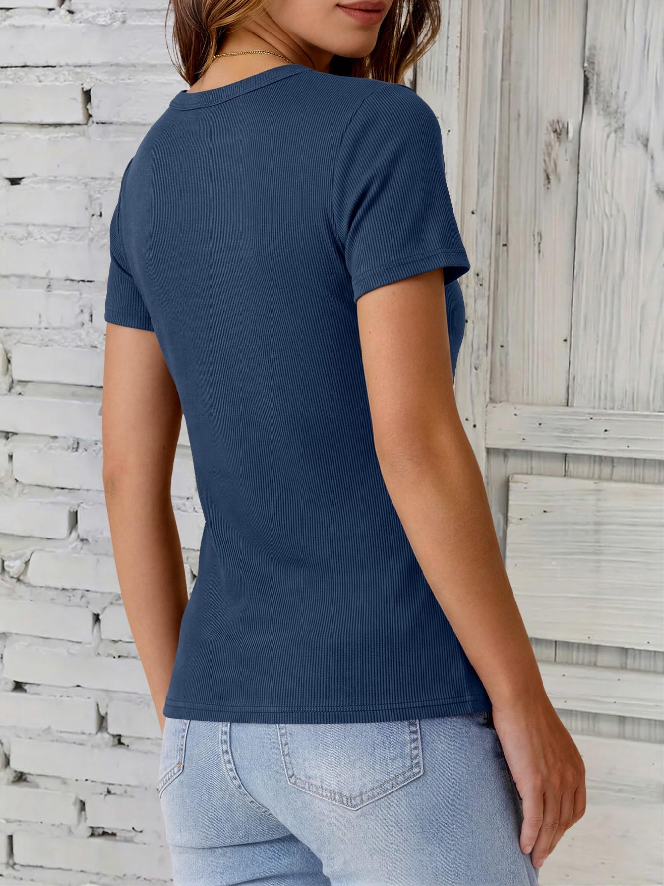 Women's Ribbed V-Neck Short Sleeve T-Shirt Casual Stylish Tee 4-Piece Set, Elegant Fitted Solid Top, All Seasons Wear, Plain Surface, Unlined