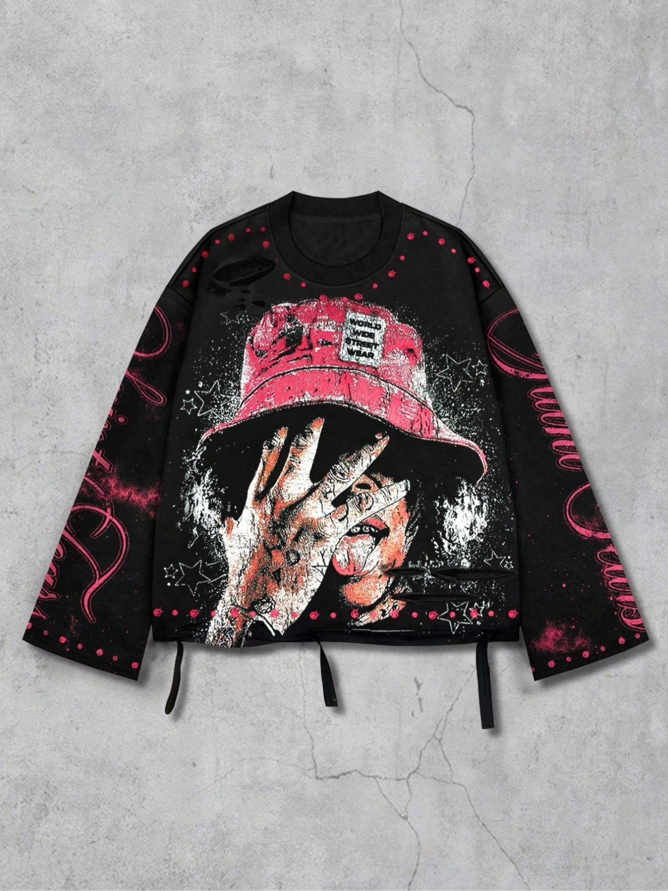 Men's Vintage Street Style Saint Graphic Print Long Sleeve Round Neck T-Shirt, Loose-Fitting Short Fit, Fall 2000s Fashion