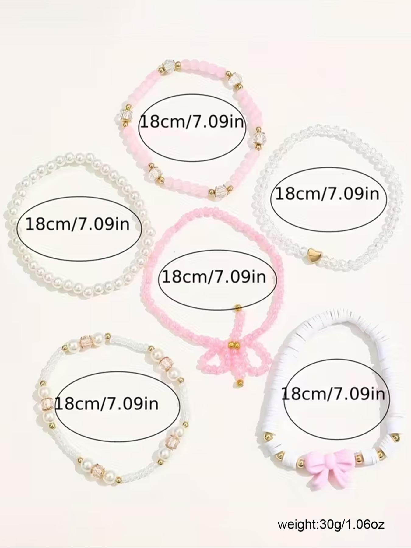 6 Pcs Glass Bead & Faux Pearl Bracelet Set, Cute Y2K Bow & Heart Design, Handmade Layered Bracelets for Women