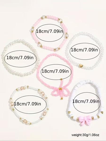 6 Pcs Glass Bead Faux Pearl Soft Clay Bracelets Set, Cute Y2K Bow Heart Design, Handmade Layered Wear Jewelry for Women, Stackable Bracelets