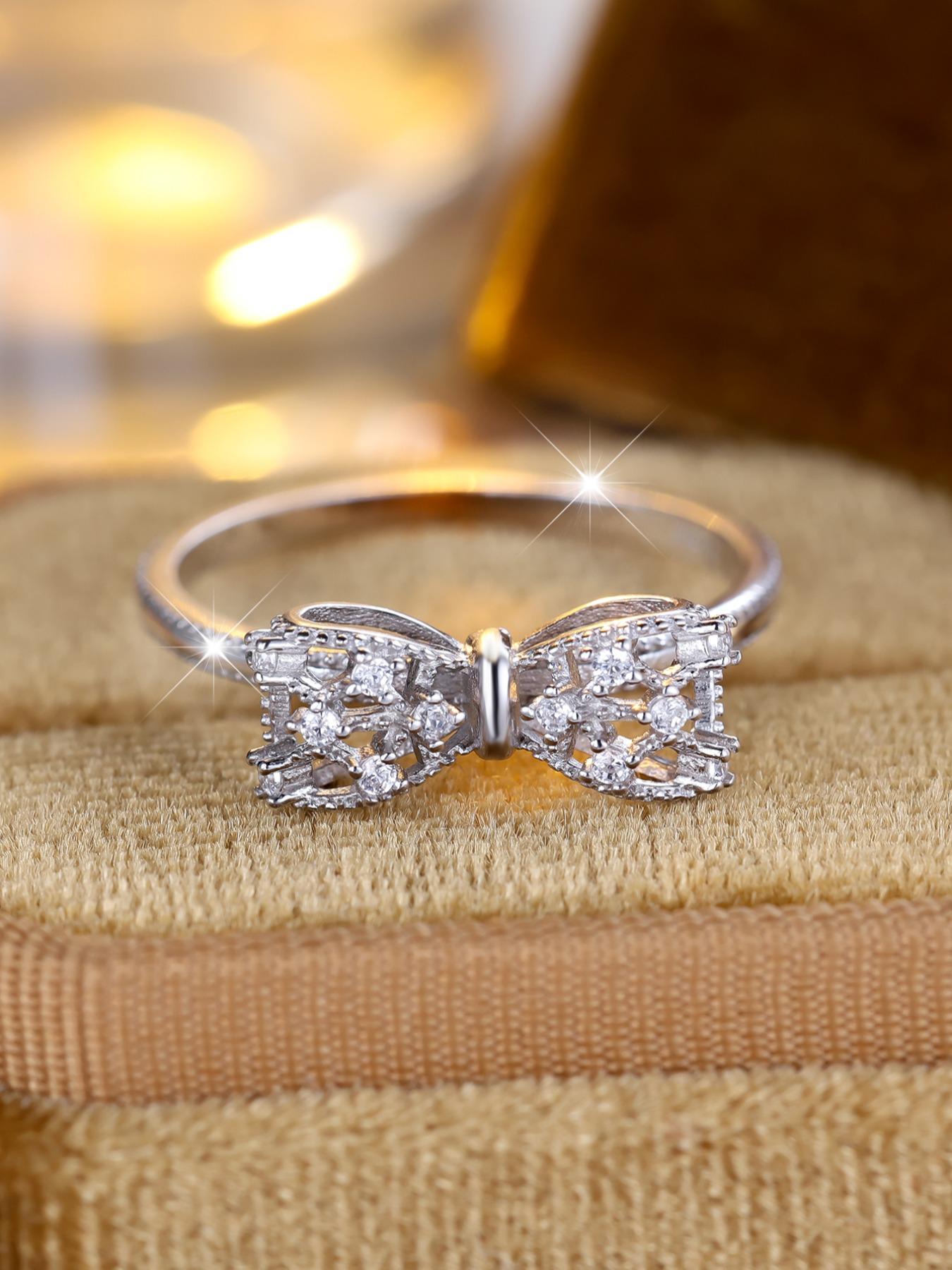 S925 Sterling Silver Cute Bowknot Design Ring, Fashion Rhinestones Decor Elegant Engagement Ring for Women & Girls, Trendy All-match & Exquisite Jewelry for Gift