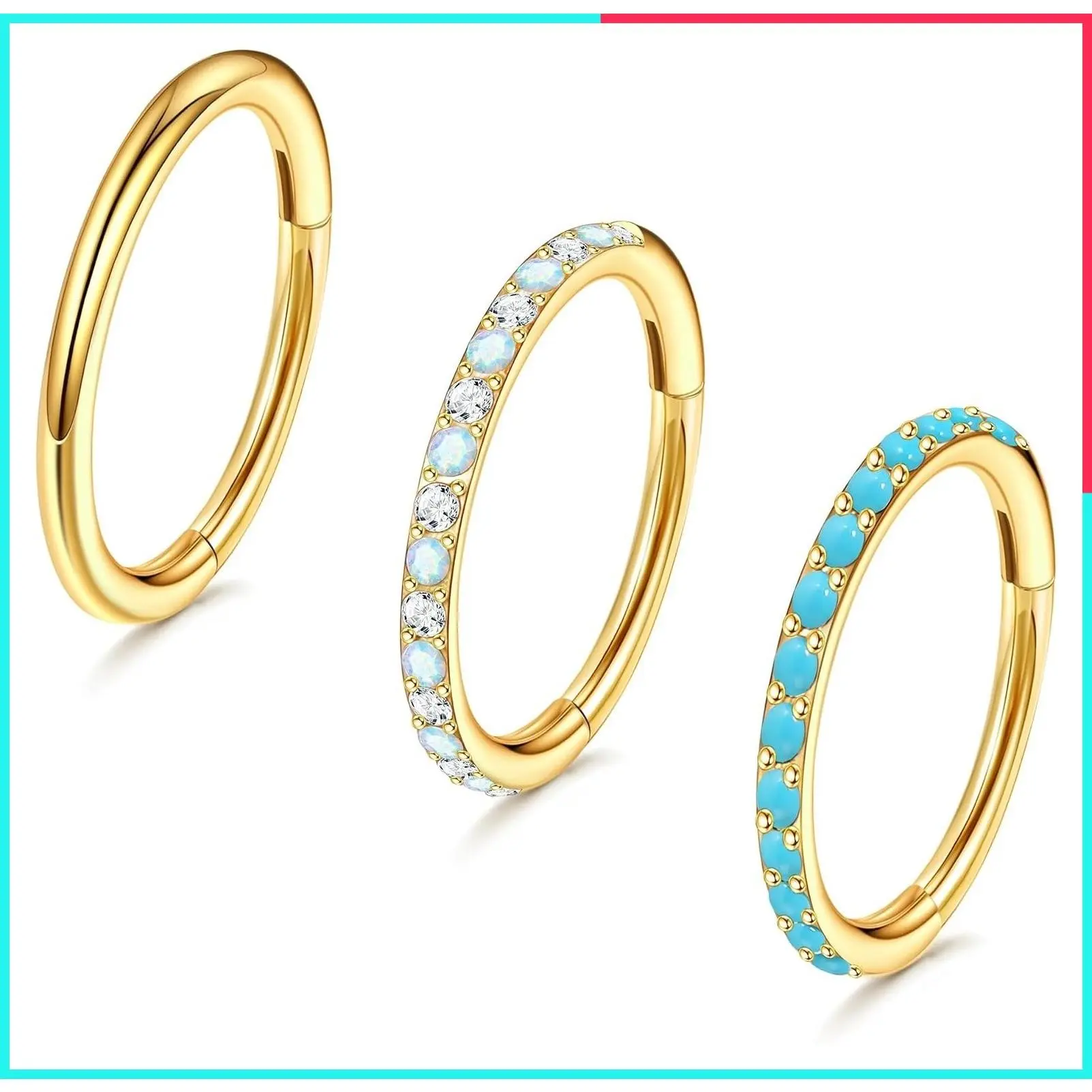 3pcs 316L Surgical Steel Nose Rings Hoops, CZ Opal Turquoise Clicker, 16G/18G/20G, Septum Lip Helix Cartilage Daith Rook Conch Body Piercing Jewelry for Women Men, 6mm/8mm/10mm