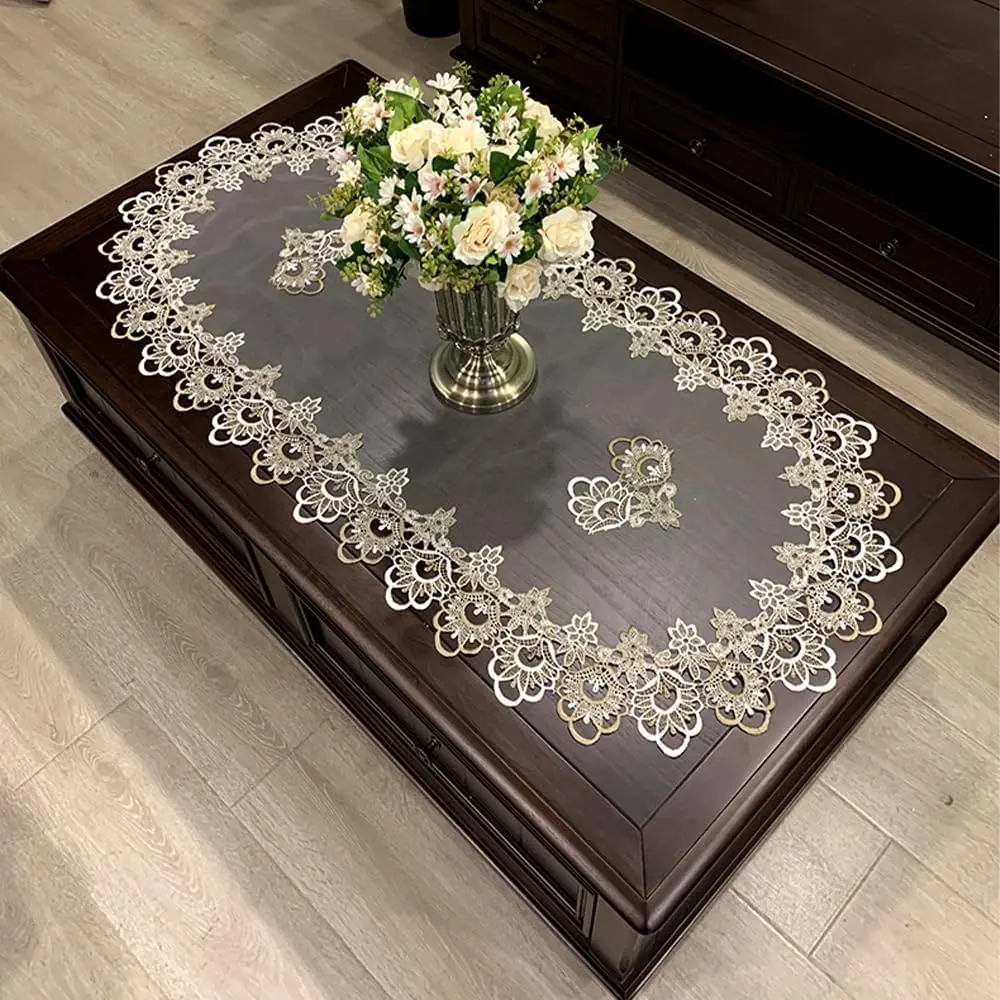 Bedside Tablecloth Lace Doilies for Side Table Cloth Runner Tabletop Dust Cover Bedroom Nightstand Decor (Embroidered&Translucent, 19.7x43.3 Oval)