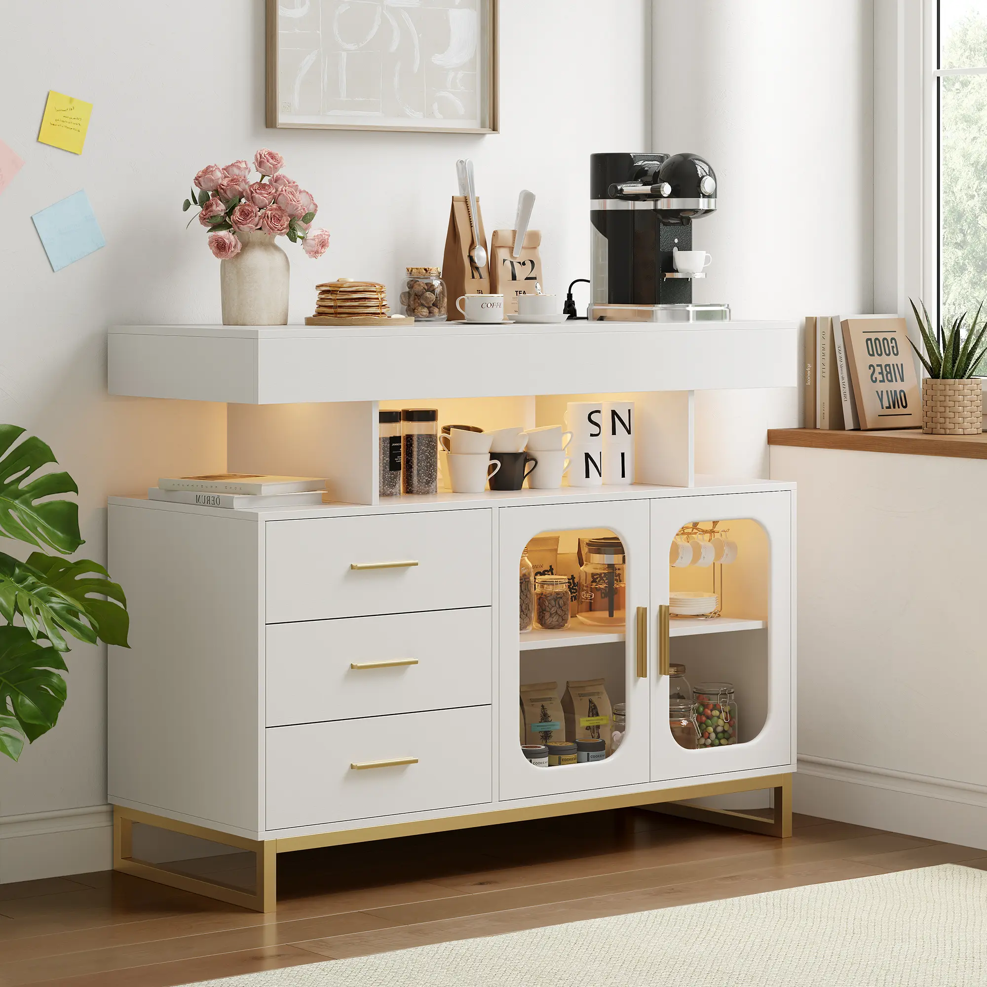 Modern Sideboard Buffet Cabinet with Auto-Sensor RGB LED Lights & Built-in Charging Station, Coffee Bar Table with Storage, 3 Drawers & 2 Doors for Dining Room, Kitchen, Living Room (White)