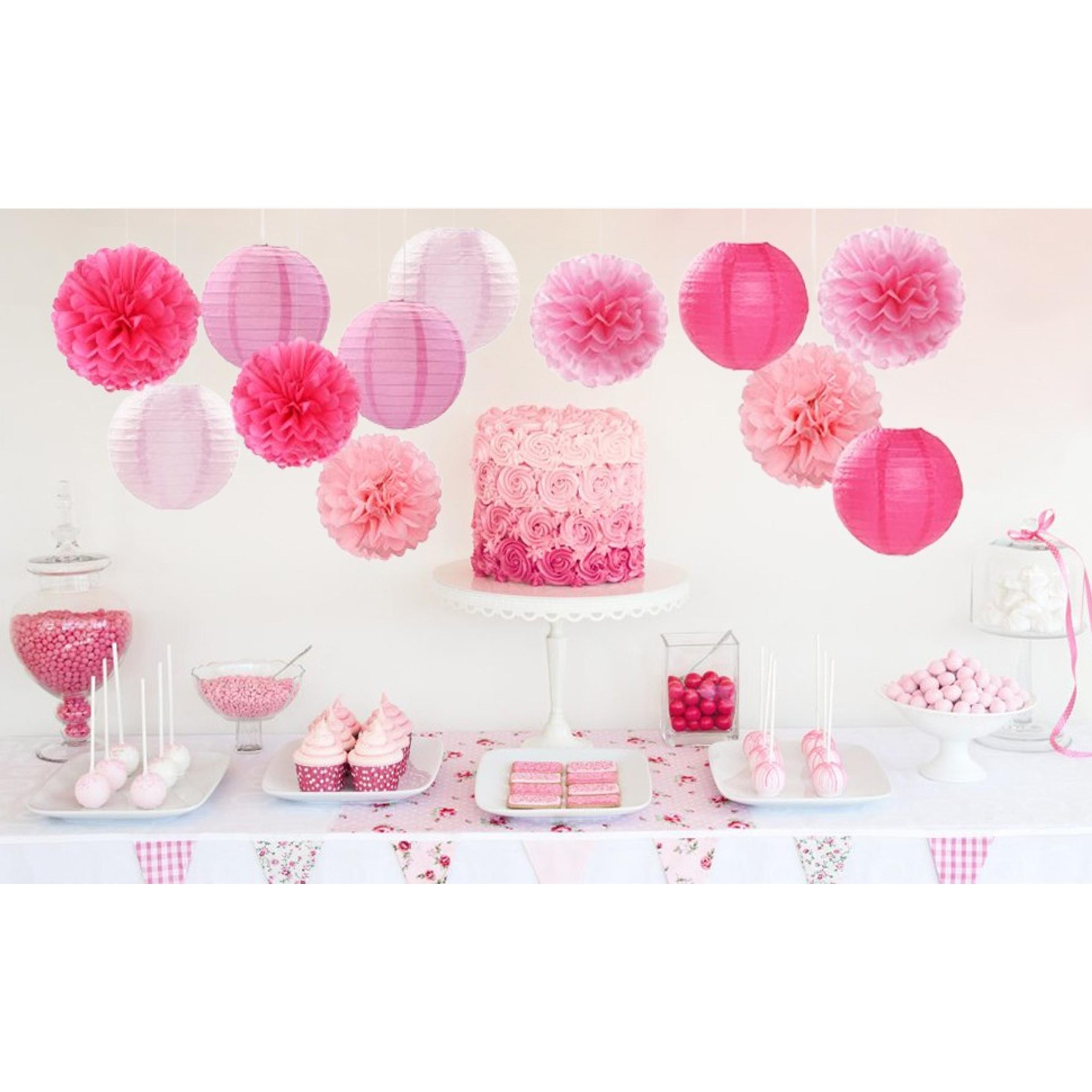15-Piece Light Hot Pink Party Decor Kit - Paper Flowers, Lanterns, Tissue Pom Poms, Streamers, Photo Backdrop Prop Pack for Girl Birthday, Graduation Hanging Supplies, Colorful
