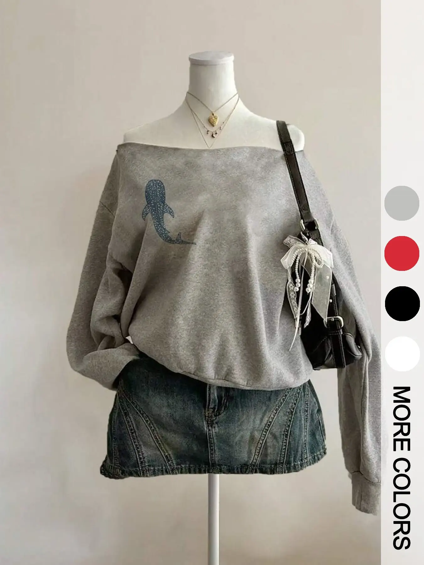 Korean Style Soft One-Shoulder Whale Print Sweatshirt for Women, Loose Fit Lazy Shoulder Long Sleeve Top, Fall & Winter Outerwear