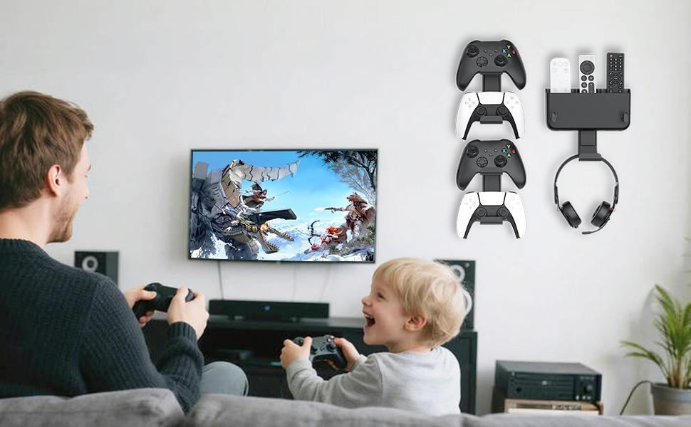 Controller & Headset & Remote Holder Wall Mount with No Drill, 2 Packs Gaming 4 Controllers Hanger Hook Mount for PS5/PS4/XBOX/Switch, Headphone Stand & Remote Control Holer Wall Shelf with Adhesives