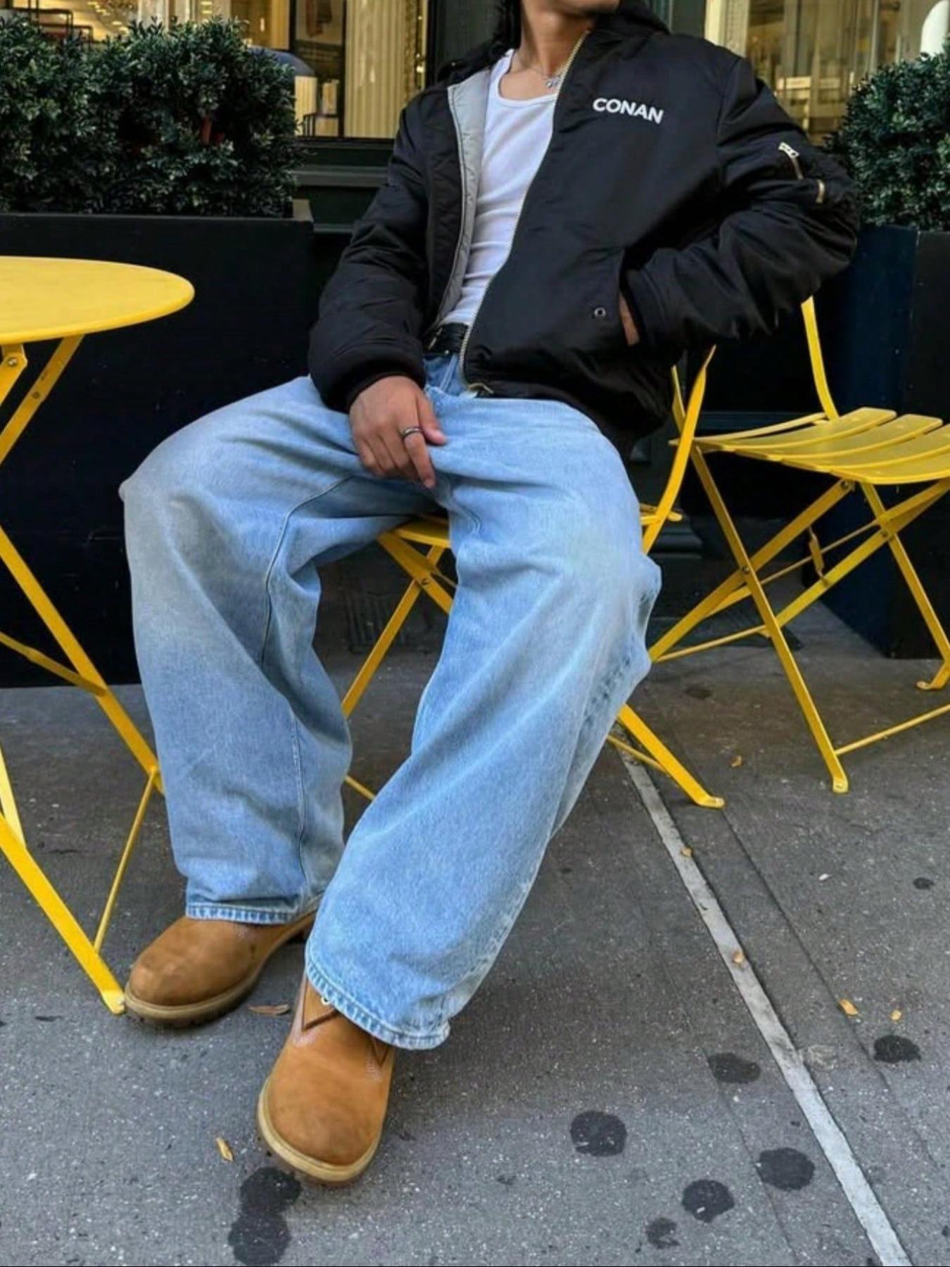 Men's Fashionable Plain Washed Denim Jeans, Versatile Street Style Pants, High-Street Trendy Loose-Fit Design, Perfect for Casual Streetwear