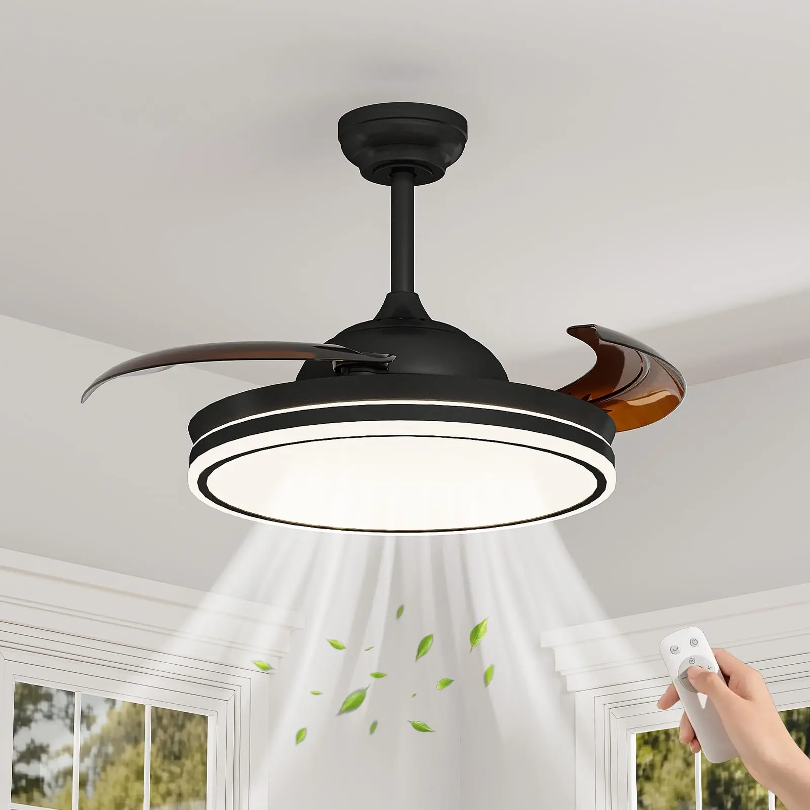 42-Inch Low Profile Retractable Ceiling Light + Fan with Invisible Blades, Remote Control, 6 Speeds, Quiet Pure Copper DC Motor, 3CCT LED Light, Fan for Bedroom