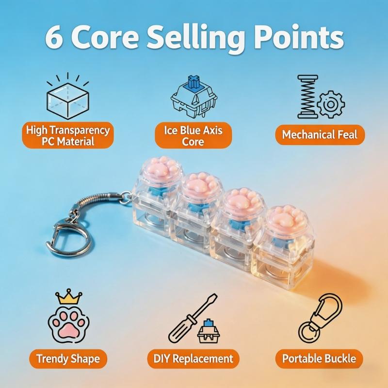 LED light keychain keyboard with press and click buttons Fidget toy for relieving stress and anxiety Portable office desk accessories Office decoration gifts