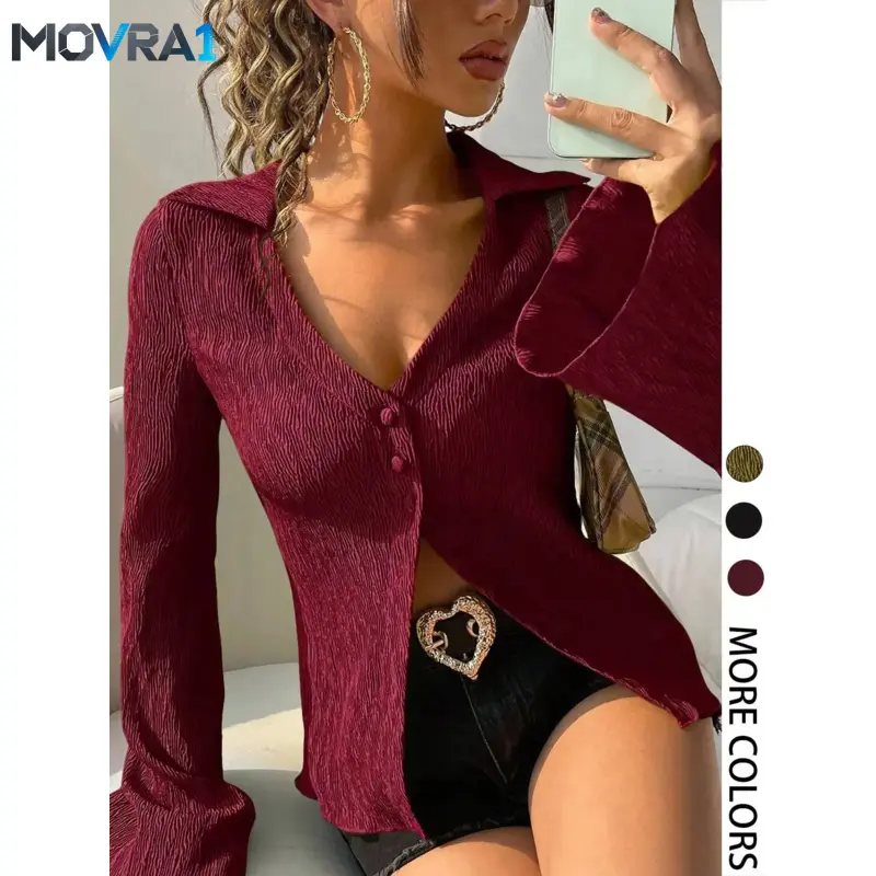 MOVRA1 Women's Solid Color Fitted Flared Bell Sleeve Blouses & Shirts,, Casual Elegant Long Sleeve Top Daily Wear, Ladies Clothes All Seasons, Womenswear