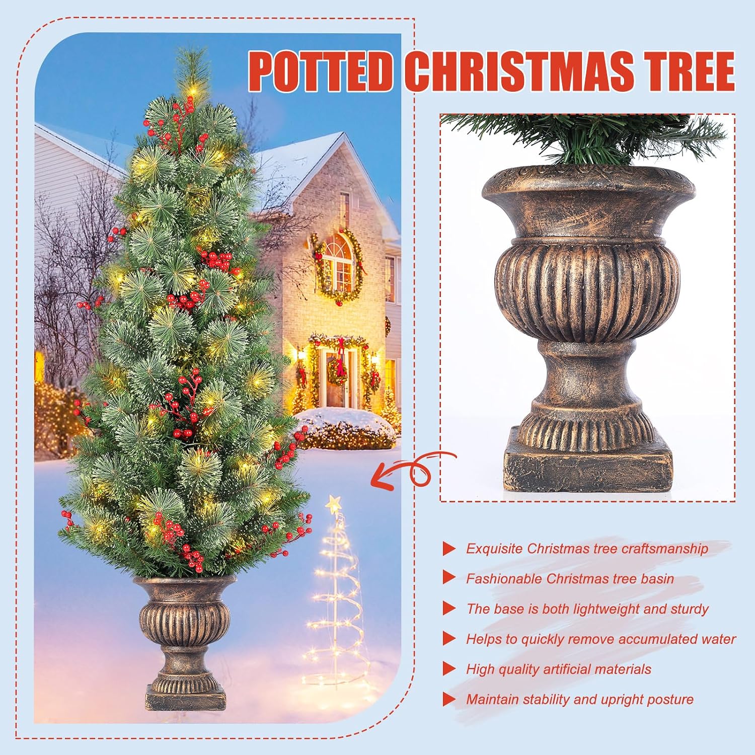 4FT   Pre Lit Christmas Tree | Potted  Pine Tree with 100 LED Lights, Timer, Red Berries and Planter for Front Porch Indoor Outdoor Holiday Decor