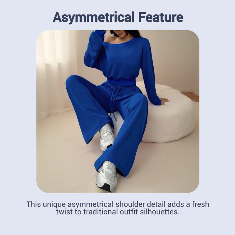 Personalized Asymmetrical Shoulder Casual Set, Pure Color Short Top Two-Piece Set, Travel Party Dance Leisure